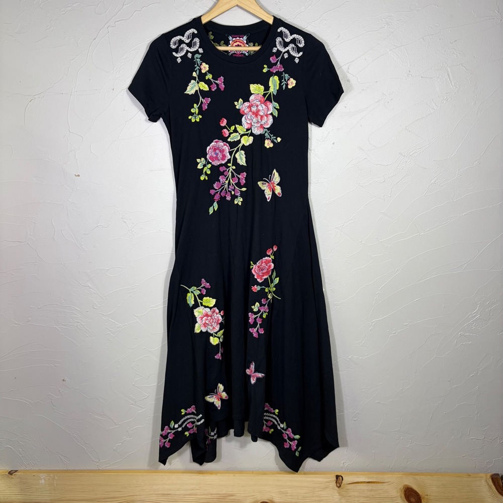 NWT Johnny Was Embroidered Butterfly Dress Womens Small Black Boho Asymmetrical